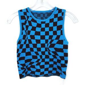 Checkerboard Print Sleeveless Knit Top Blue Black S